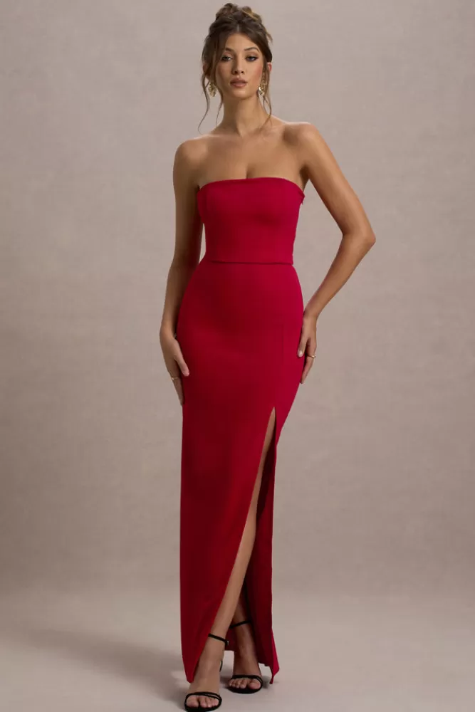 Club L London Belle of The Ball | Bandeau Maxi Dress With Split Hem RED Shop