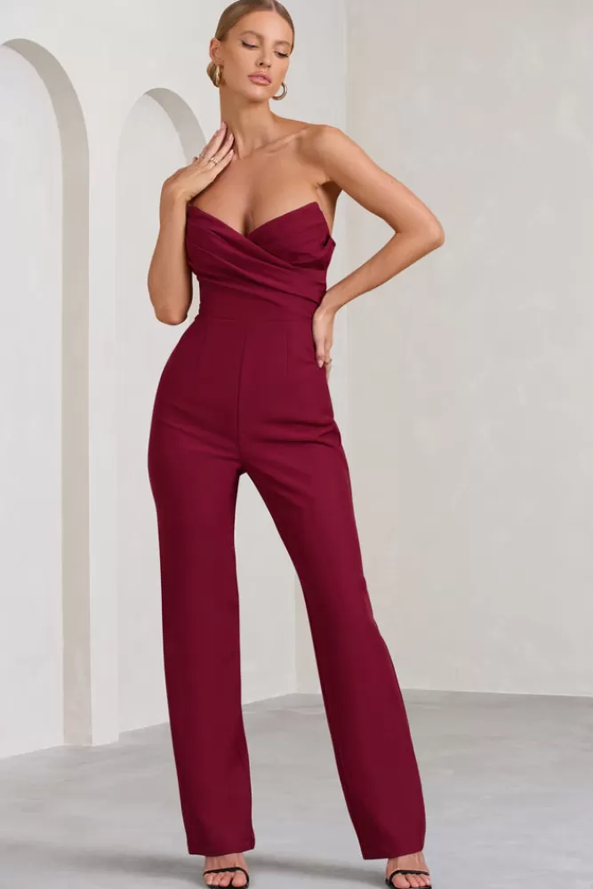 Club L London Bellezza | Bandeau Corset Wide Leg Jumpsuit BURGUNDY Fashion