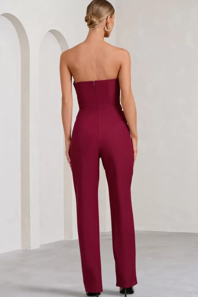 Club L London Bellezza | Bandeau Corset Wide Leg Jumpsuit BURGUNDY Fashion