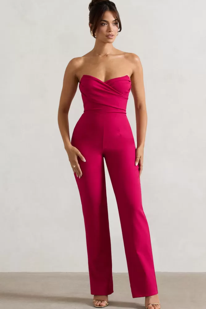 Club L London Bellezza | Hot Pink Bandeau Corset Wide Leg Jumpsuit HOTPINK Discount