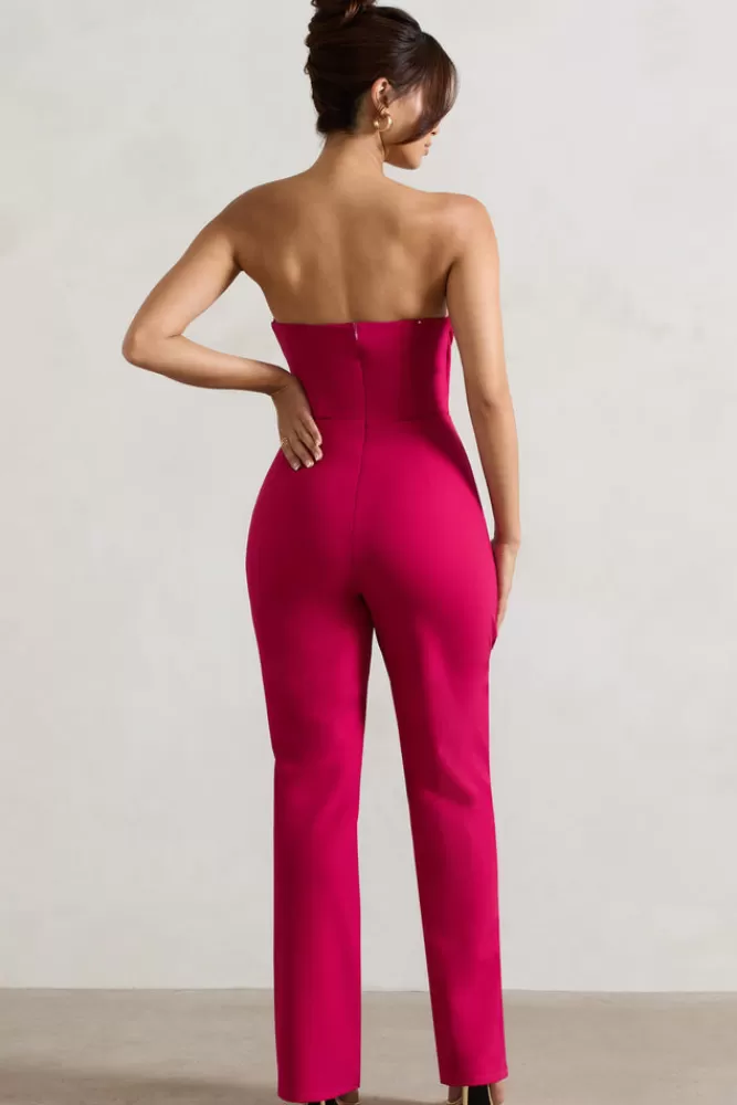 Club L London Bellezza | Hot Pink Bandeau Corset Wide Leg Jumpsuit HOTPINK Discount