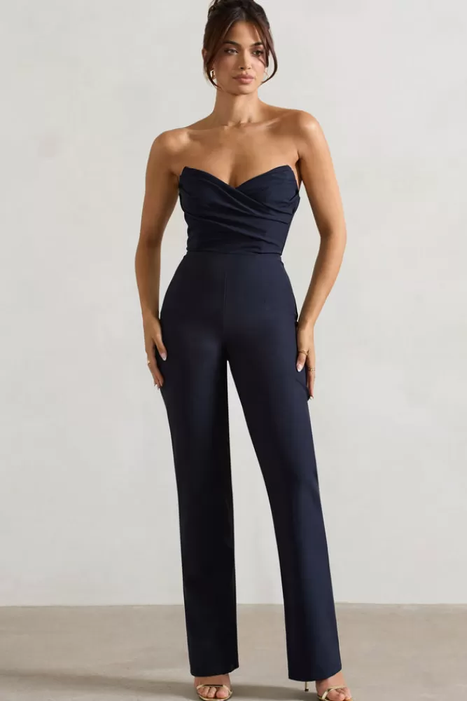 Club L London Bellezza | Bandeau Corset Wide Leg Jumpsuit NAVY Cheap