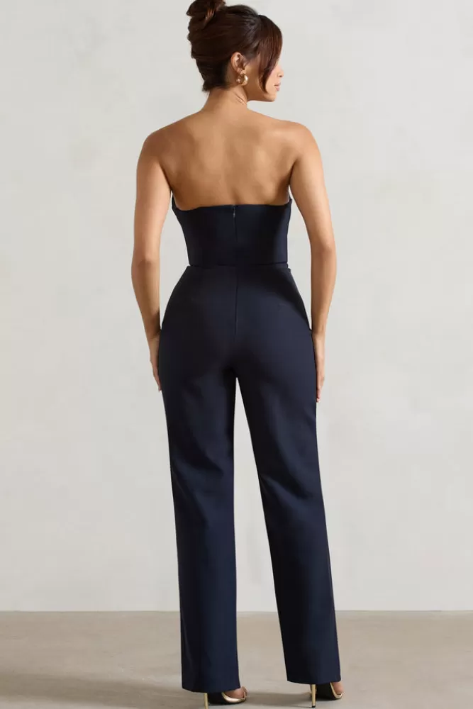 Club L London Bellezza | Bandeau Corset Wide Leg Jumpsuit NAVY Cheap