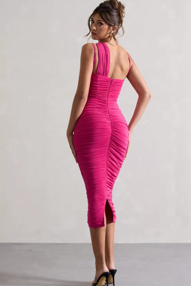 Club L London Bellini | Dark Pink Asymmetric Ruched Midi Dress BOUDOIRRED Flash Sale