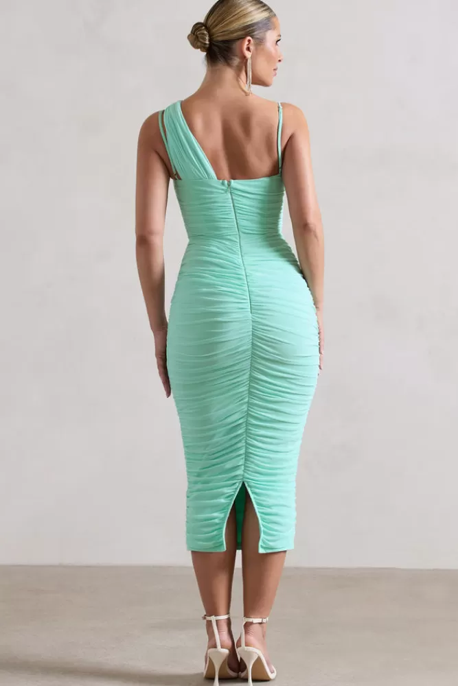 Club L London Bellini | Mint Asymmetric Ruched Midi Dress ICEDGREEN Best Sale