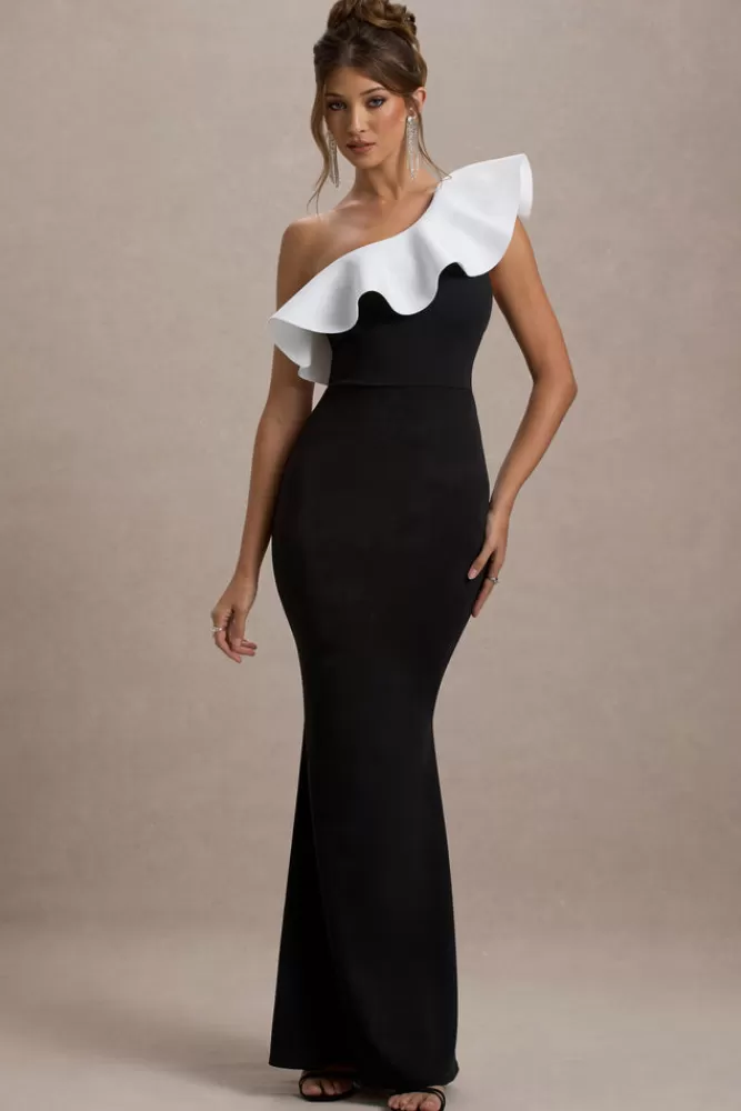 Club L London Berkley | u0026 White Ruffled One-Shoulder Maxi Dress BLACK Store