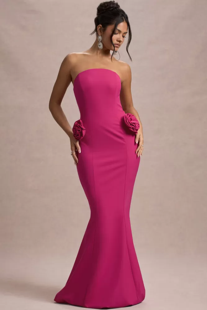 Club L London Best Of The Best | Dark Pink Strapless Fishtail Maxi Dress With Corsages HOTPINK Best