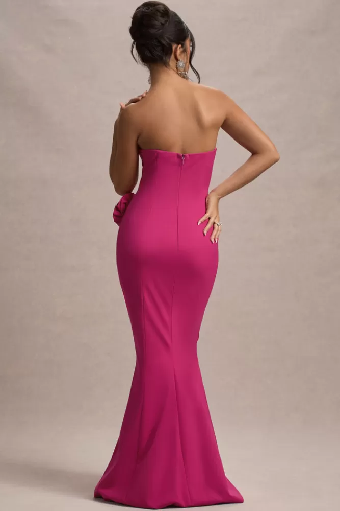 Club L London Best Of The Best | Dark Pink Strapless Fishtail Maxi Dress With Corsages HOTPINK Best