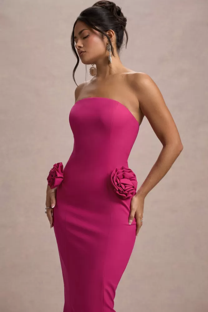 Club L London Best Of The Best | Dark Pink Strapless Fishtail Maxi Dress With Corsages HOTPINK Best