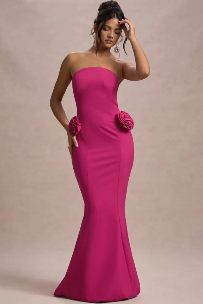 Club L London Best Of The Best | Dark Pink Strapless Fishtail Maxi Dress With Corsages HOTPINK Best