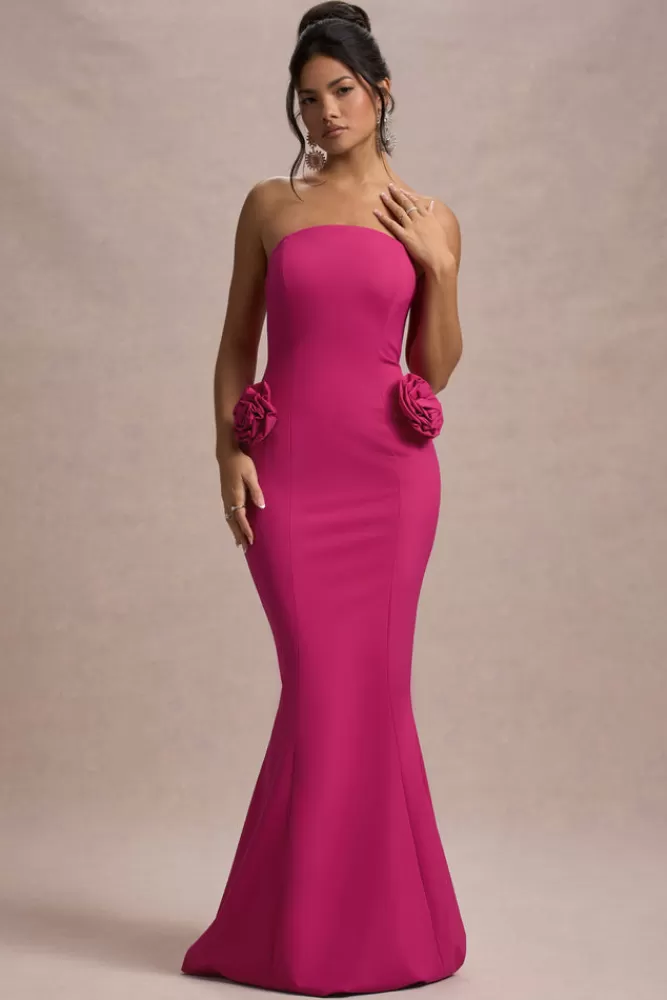 Club L London Best Of The Best | Dark Pink Strapless Fishtail Maxi Dress With Corsages HOTPINK Best