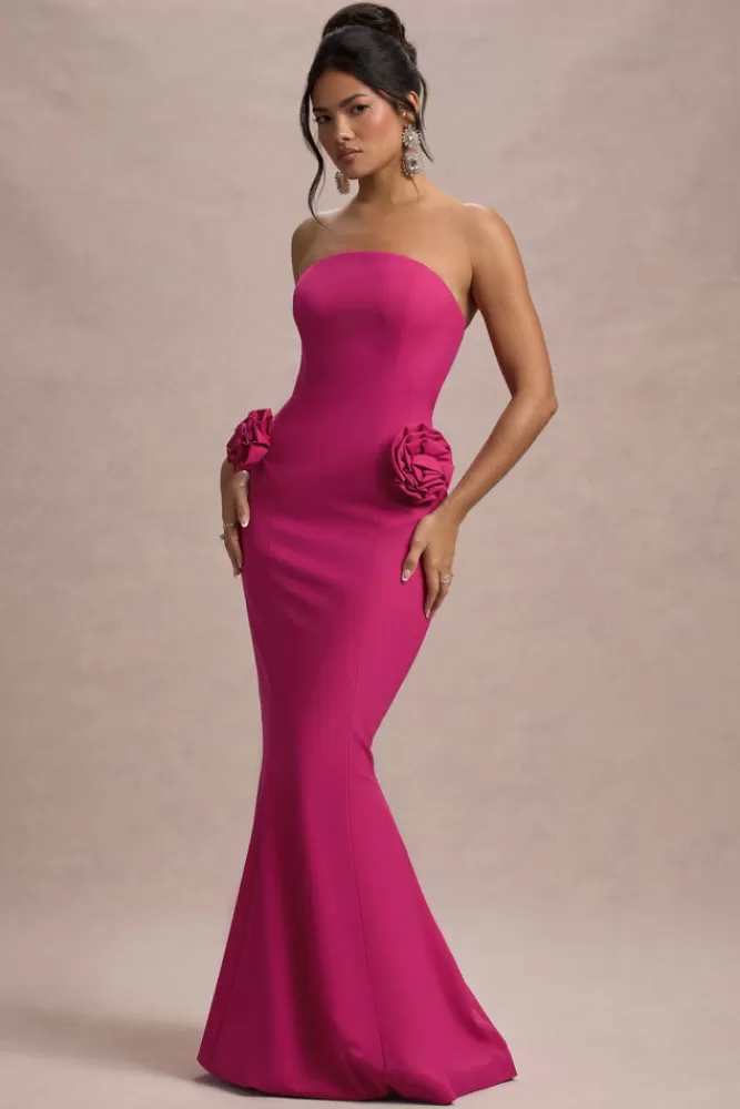 Club L London Best Of The Best | Dark Pink Strapless Fishtail Maxi Dress With Corsages HOTPINK Best