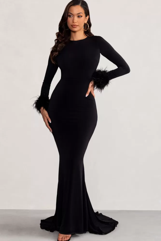 Club L London Betty | High Neck Long Sleeve Maxi Dress with Feather Cuffs BLACK Flash Sale