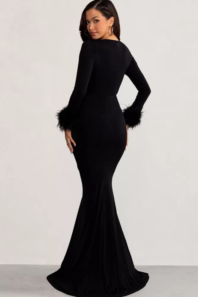 Club L London Betty | High Neck Long Sleeve Maxi Dress with Feather Cuffs BLACK Flash Sale