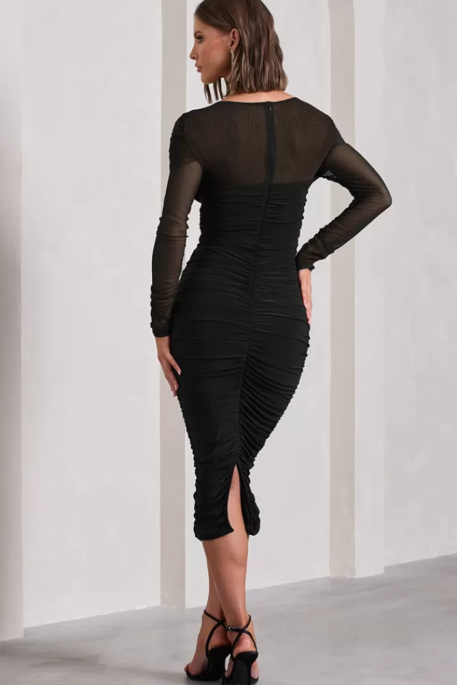 Club L London Between The Lines | Ruched Mesh Long-Sleeved Bodycon Midi Dress BLACK Shop