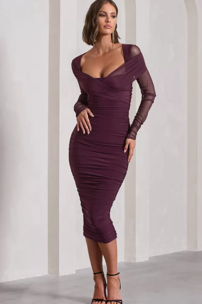 Club L London Between The Lines | Ruched Mesh Long-Sleeved Bodycon Midi Dress PLUM Outlet