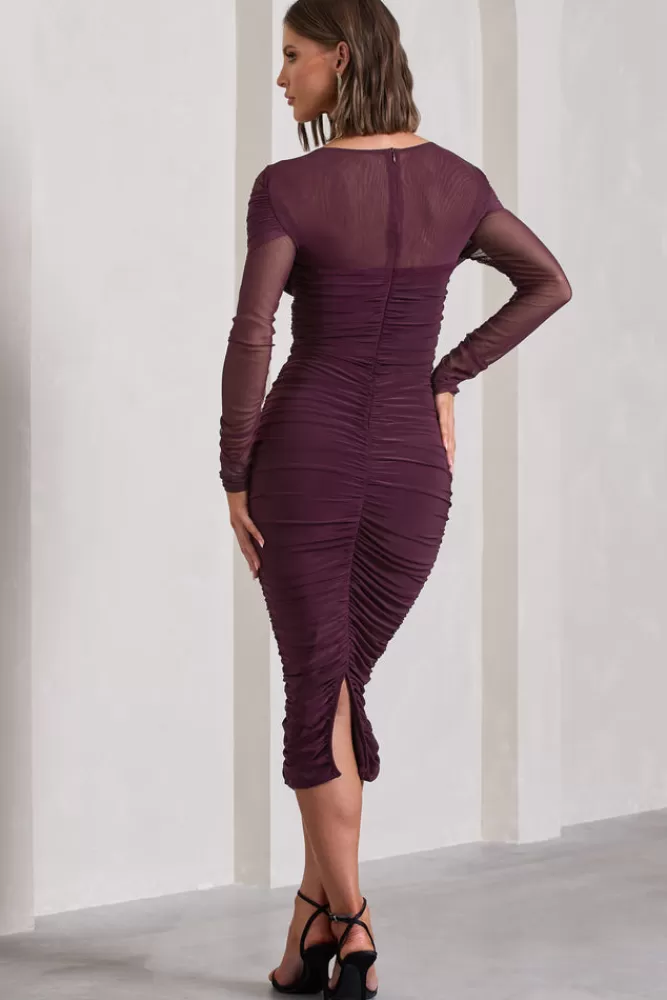 Club L London Between The Lines | Ruched Mesh Long-Sleeved Bodycon Midi Dress PLUM Outlet