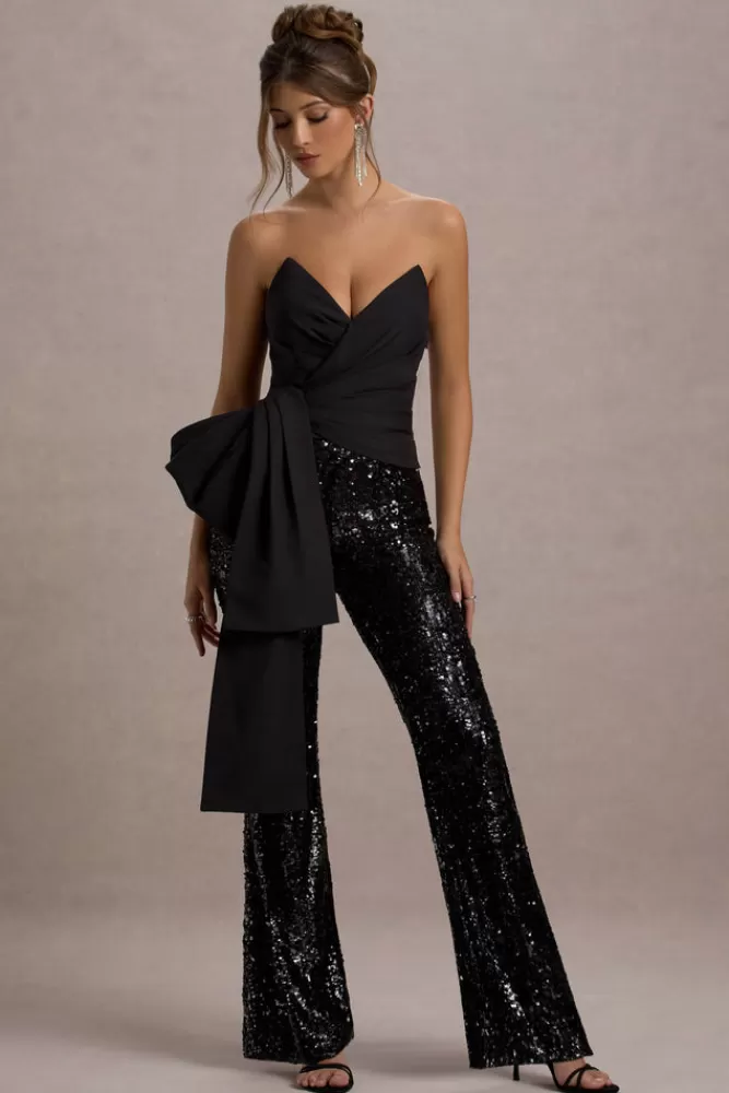 Club L London Bianco | Sequin Strapless Flared-Leg Jumpsuit With Drape BLACK Best Sale