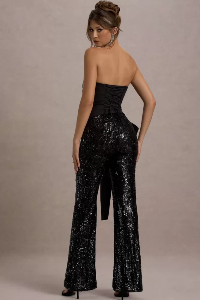 Club L London Bianco | Sequin Strapless Flared-Leg Jumpsuit With Drape BLACK Best Sale