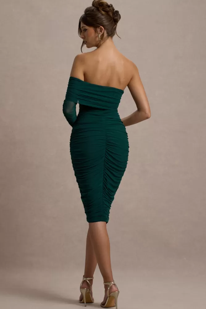 Club L London Bijou | Bottle Green Asymmetric Bardot Mesh Ruched Midi Dress BottleGreen Clearance