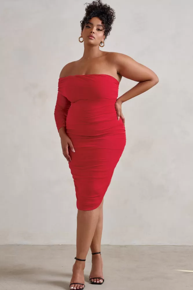 Club L London Bijou | Asymmetric Bardot Mesh Ruched Midi Dress Red Online