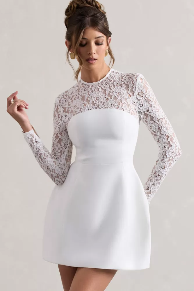 Club L London Birdie | Lace Long-Sleeve Mini Dress WHITE Clearance