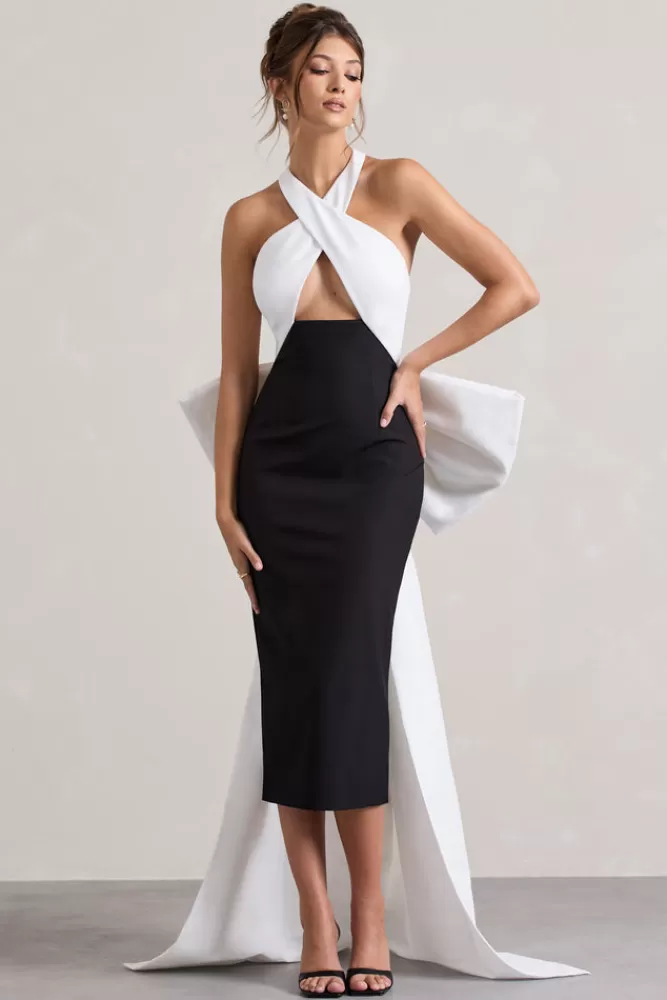 Club L London Blanca | Black u0026 White Halter-Neck Cut-Out Midi Dress With Oversized Bow BLACKANDWHITE Flash Sale