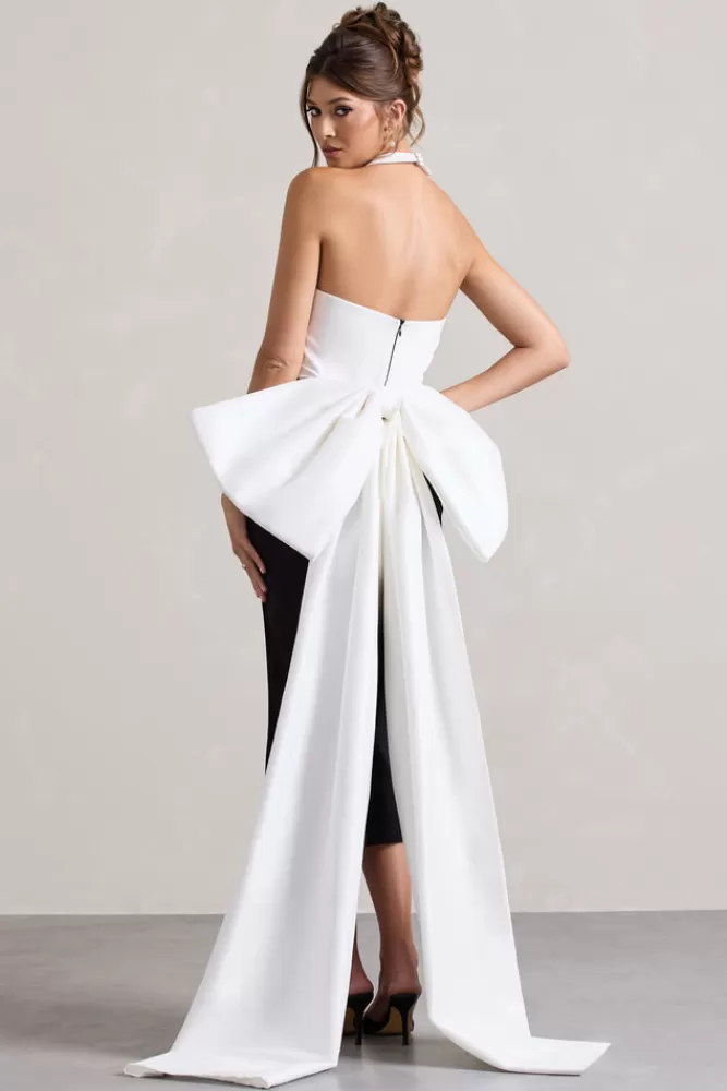Club L London Blanca | Black u0026 White Halter-Neck Cut-Out Midi Dress With Oversized Bow BLACKANDWHITE Flash Sale