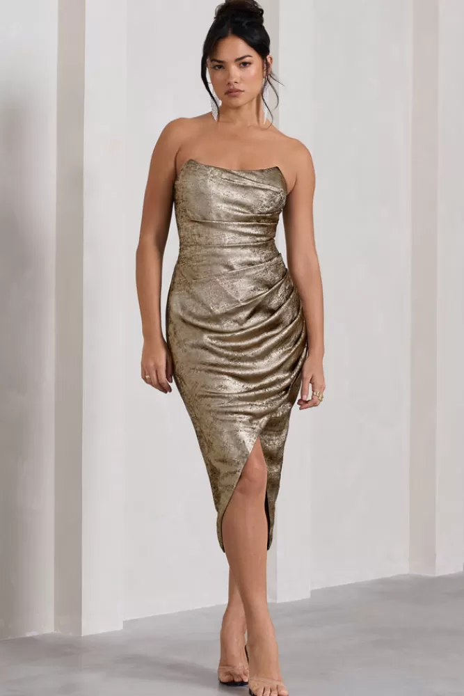 Club L London Blizzard | Gold Metallic Corset Wrap Midi Dress METALLICGOLD Flash Sale