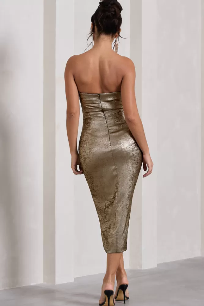 Club L London Blizzard | Gold Metallic Corset Wrap Midi Dress METALLICGOLD Flash Sale