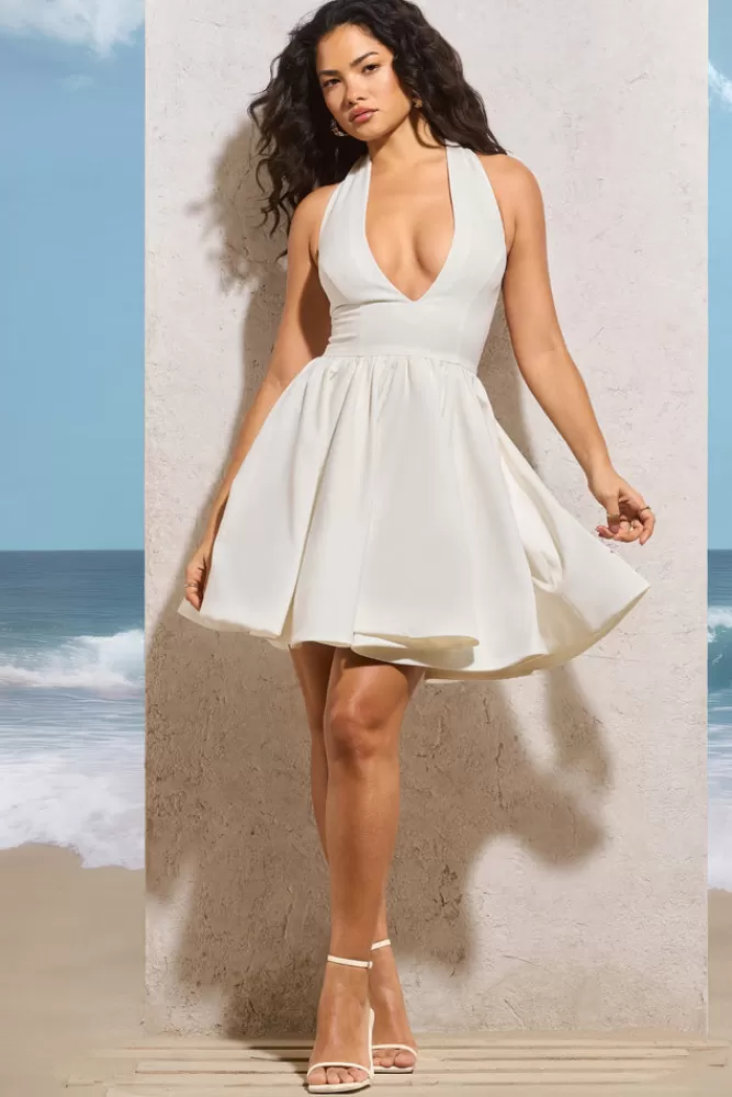 Club L London Bloom | Plunge Halter-Neck Mini Dress WHITE Best Sale