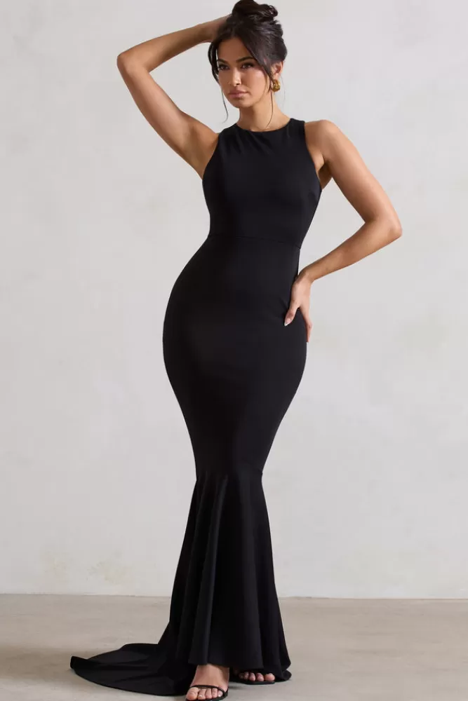 Club L London Bodhi | Racer-Neck Fishtail Maxi Dress BLACK Hot