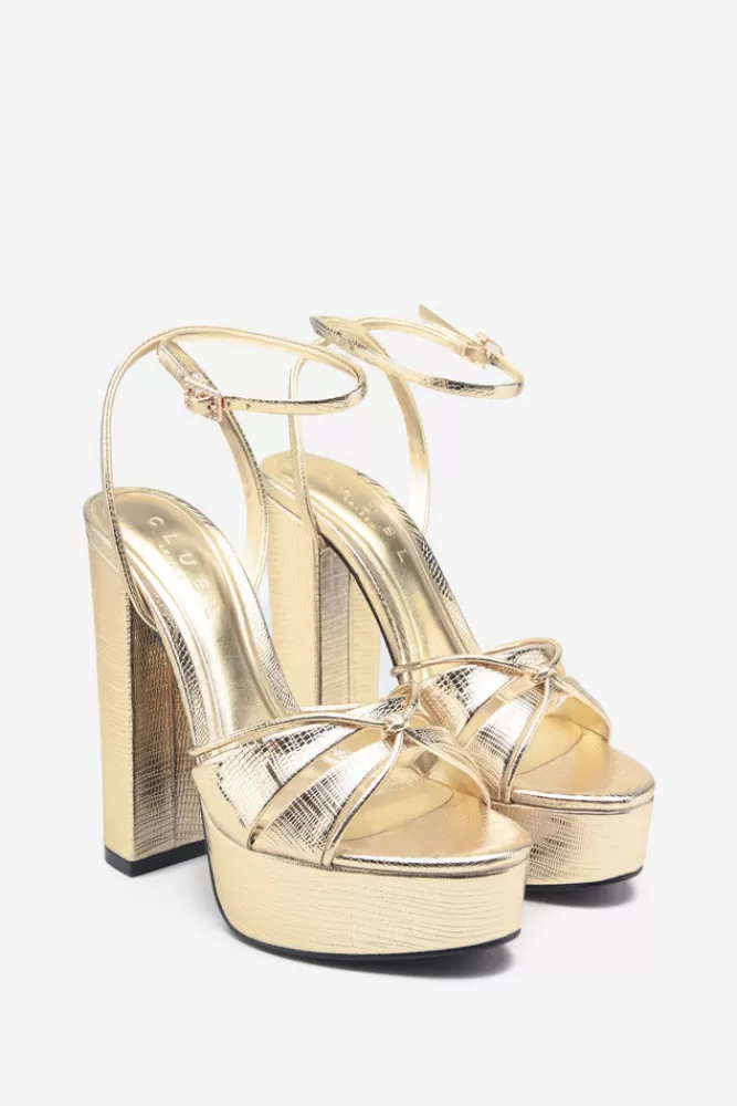 Club L London Bold Soul | Gold Reptile Strappy Heeled Platform Sandals GOLDTEXTURED Fashion