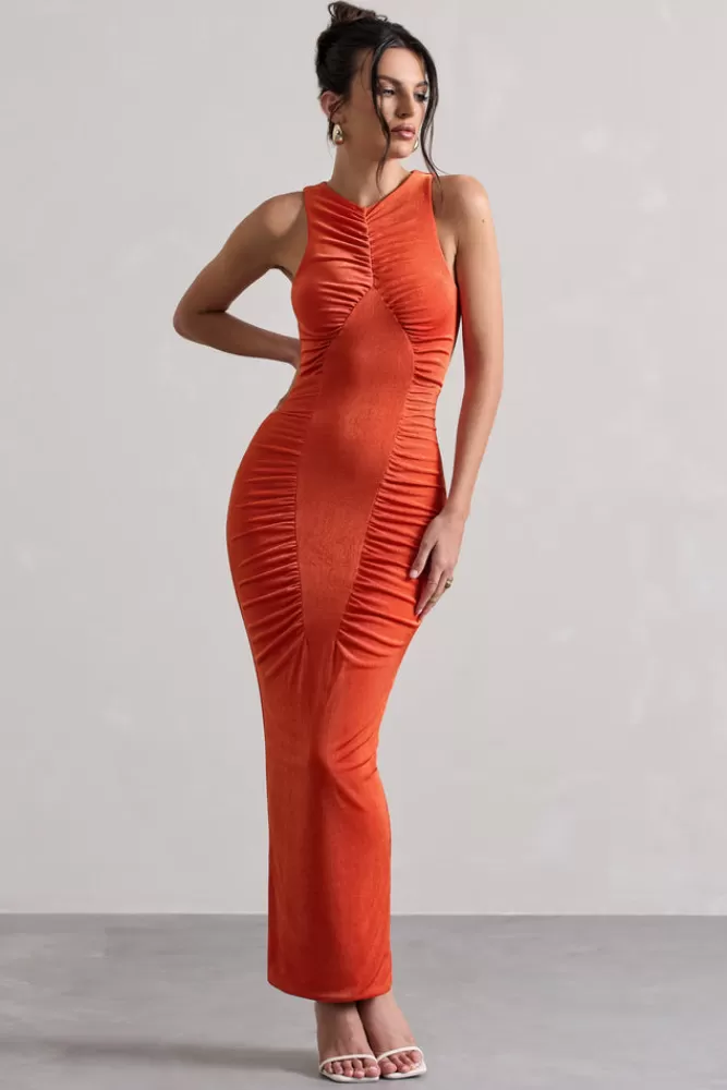 Club L London Bombshell | High Neck Diamond Ruched Maxi Dress ORANGE Sale