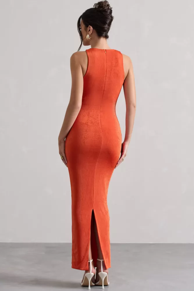 Club L London Bombshell | High Neck Diamond Ruched Maxi Dress ORANGE Sale