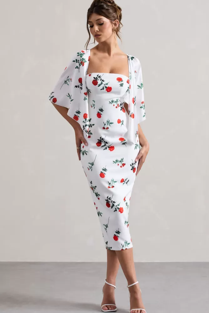 Club L London Bonita | Rose Print Cape-Sleeve Midi Dress ROSEPRINT Best