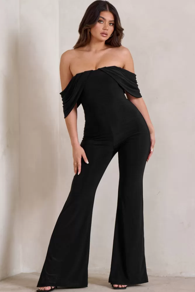 Club L London Bonnie | Bardot Drape Sleeve Jumpsuit BLACK Cheap