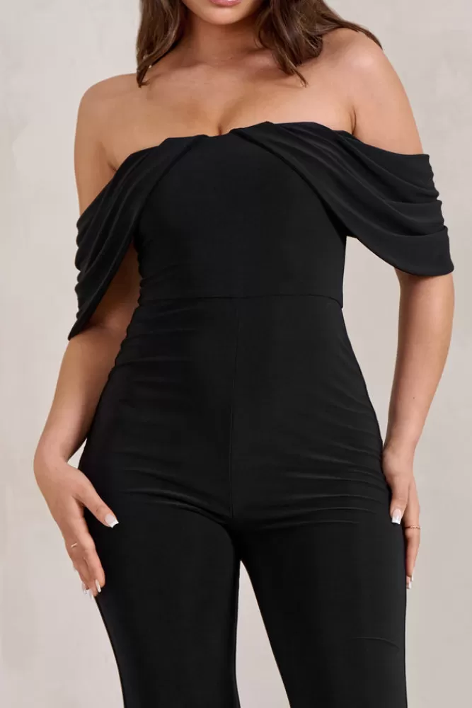 Club L London Bonnie | Bardot Drape Sleeve Jumpsuit BLACK Cheap