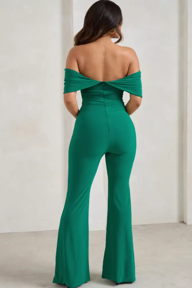 Club L London Bonnie | Green Bardot Drape Sleeve Jumpsuit EMERALD Fashion