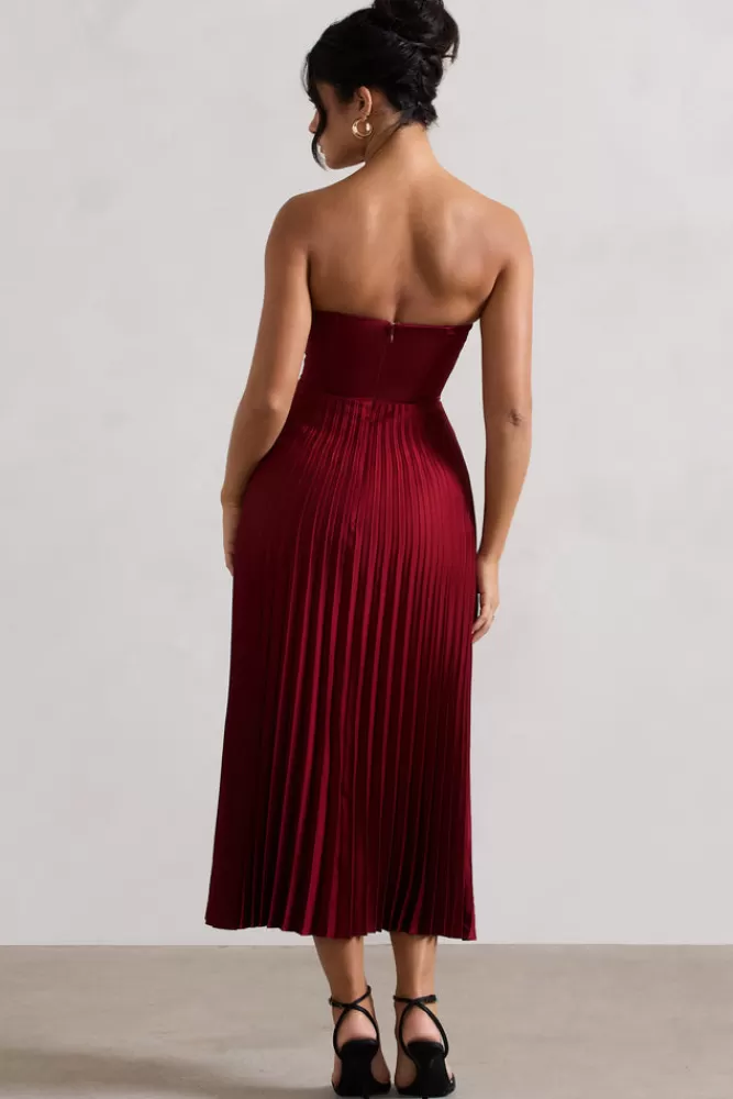 Club L London Bordeaux | Satin Corset Style Midi Dress BERRY New