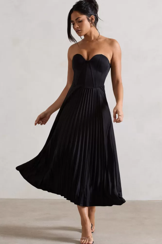 Club L London Bordeaux | Satin Corset Style Midi Dress BLACK Best