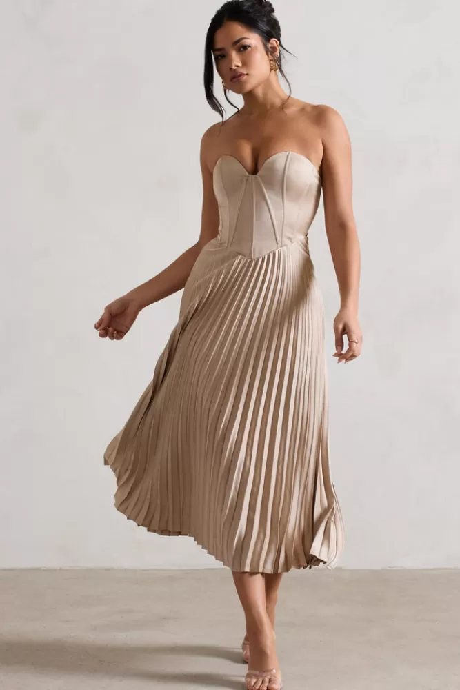 Club L London Bordeaux | Satin Corset Style Midi Dress CHAMPAGNE Best Sale