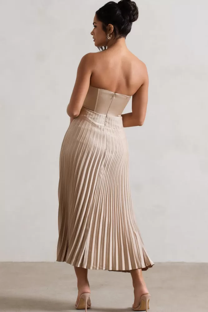 Club L London Bordeaux | Satin Corset Style Midi Dress CHAMPAGNE Best Sale