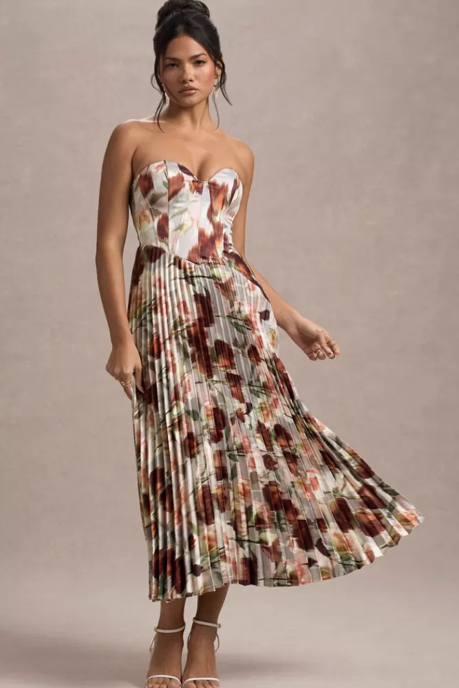 Club L London Bordeaux | Cream Floral Print Satin Corset Style Midi Dress CREAMFLORAL Flash Sale