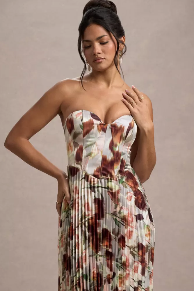 Club L London Bordeaux | Cream Floral Print Satin Corset Style Midi Dress CREAMFLORAL Flash Sale