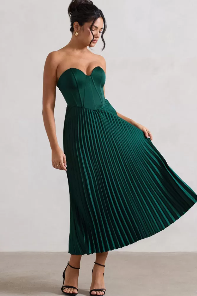 Club L London Bordeaux | Green Satin Corset Style Midi Dress BOTTLEGREEN Discount