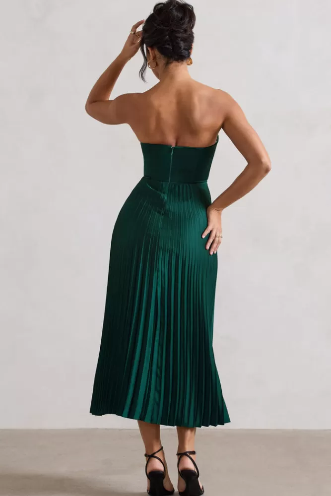 Club L London Bordeaux | Green Satin Corset Style Midi Dress BOTTLEGREEN Discount