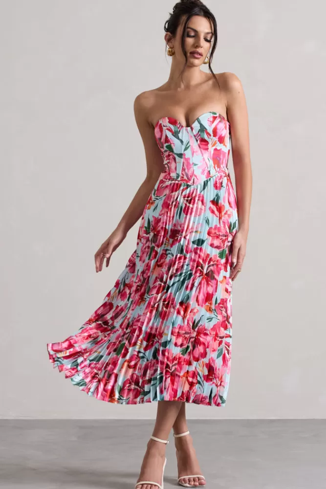 Club L London Bordeaux | Mint Floral Print Satin Corset Style Midi Dress PINKFLORALPRINT Hot