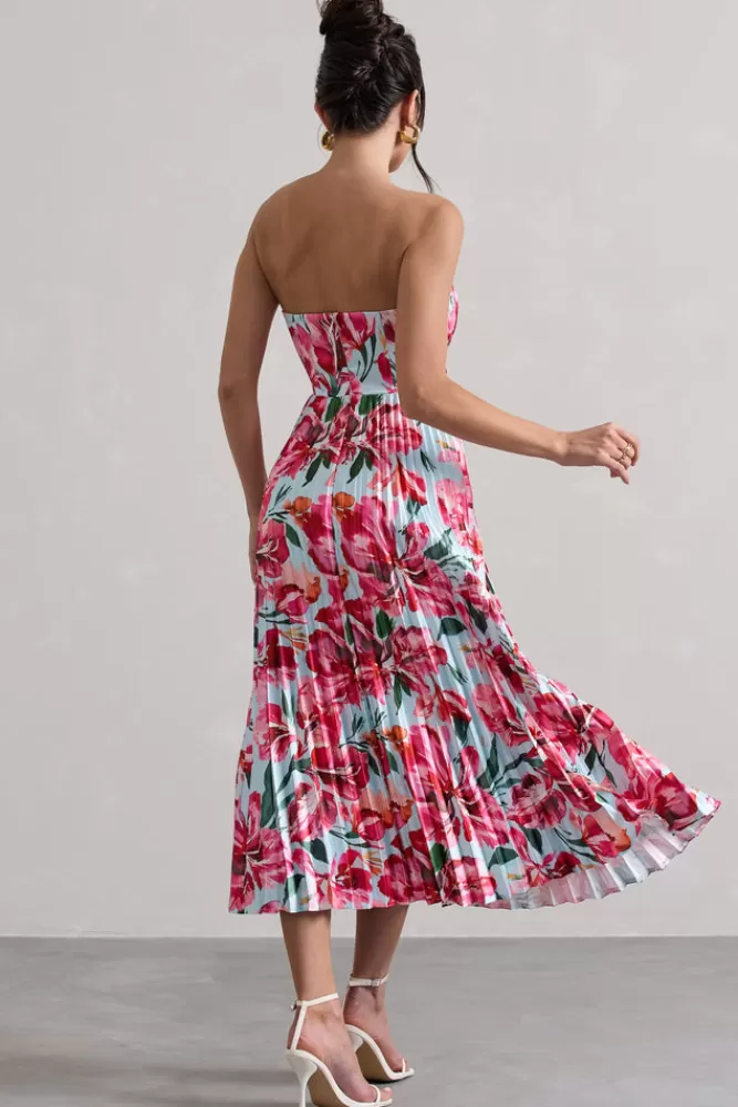 Club L London Bordeaux | Mint Floral Print Satin Corset Style Midi Dress PINKFLORALPRINT Hot