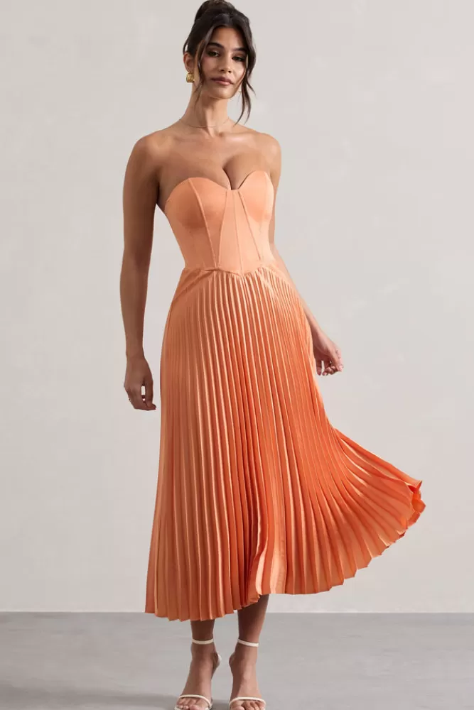 Club L London Bordeaux | Satin Corset Style Midi Dress PEACH Cheap